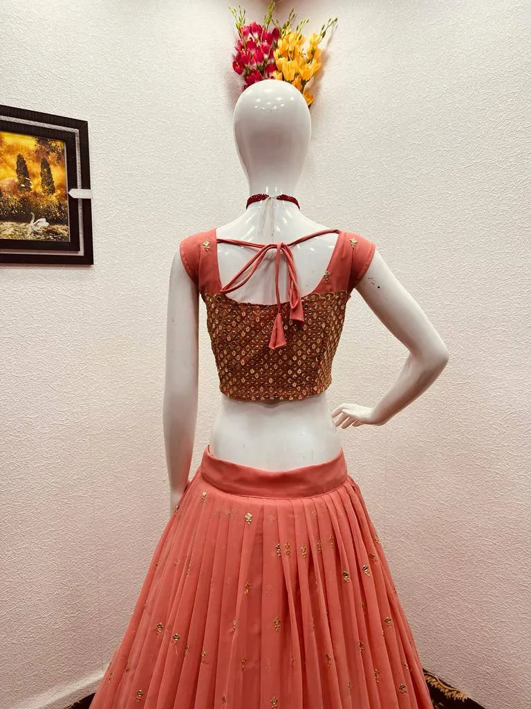 Party Wear Peach Color Sequence Embroidery Work Lehenga Choli