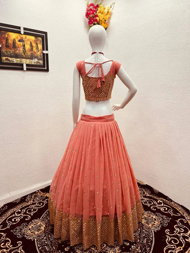 Party Wear Peach Color Sequence Embroidery Work Lehenga Choli