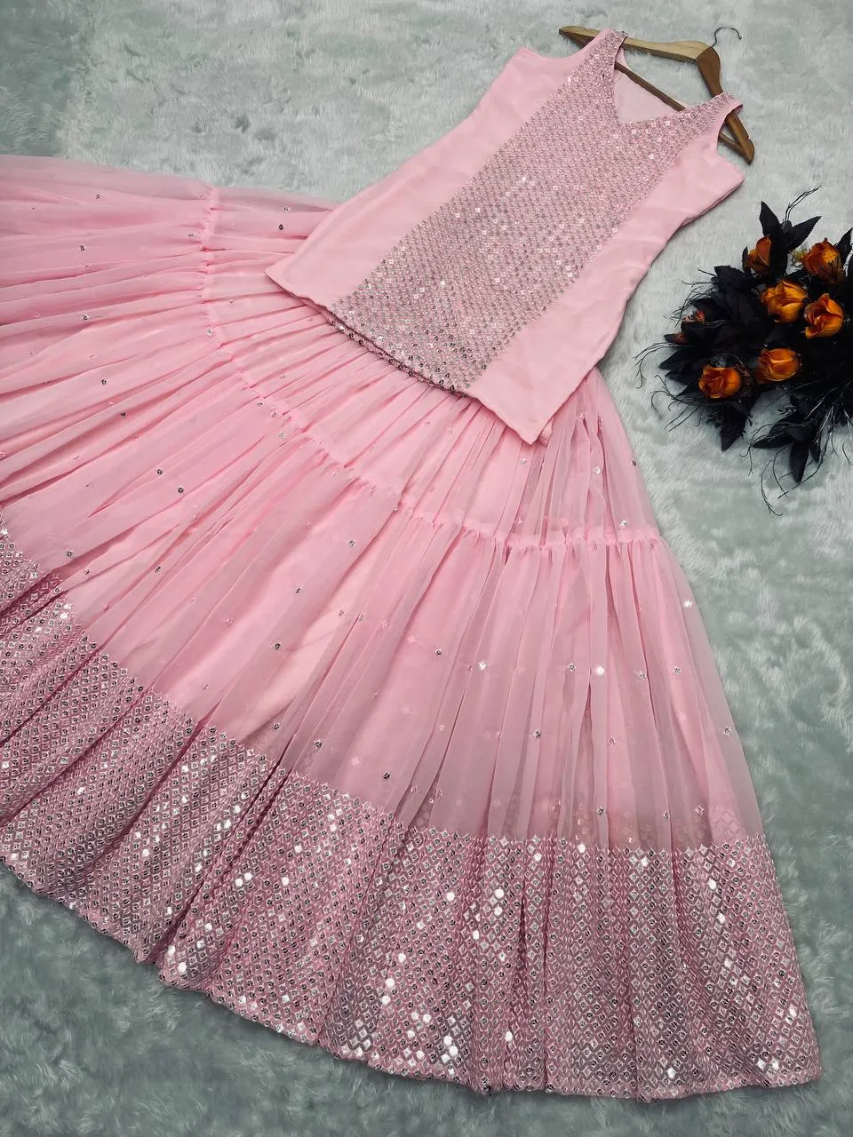 Party Wear Peach Color Sequence Work Lehenga with Top