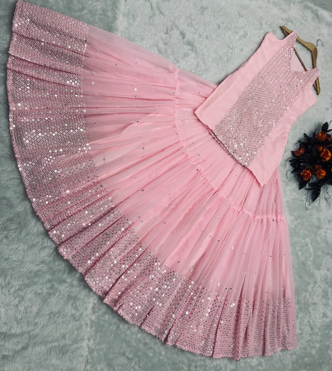 Party Wear Peach Color Sequence Work Lehenga with Top