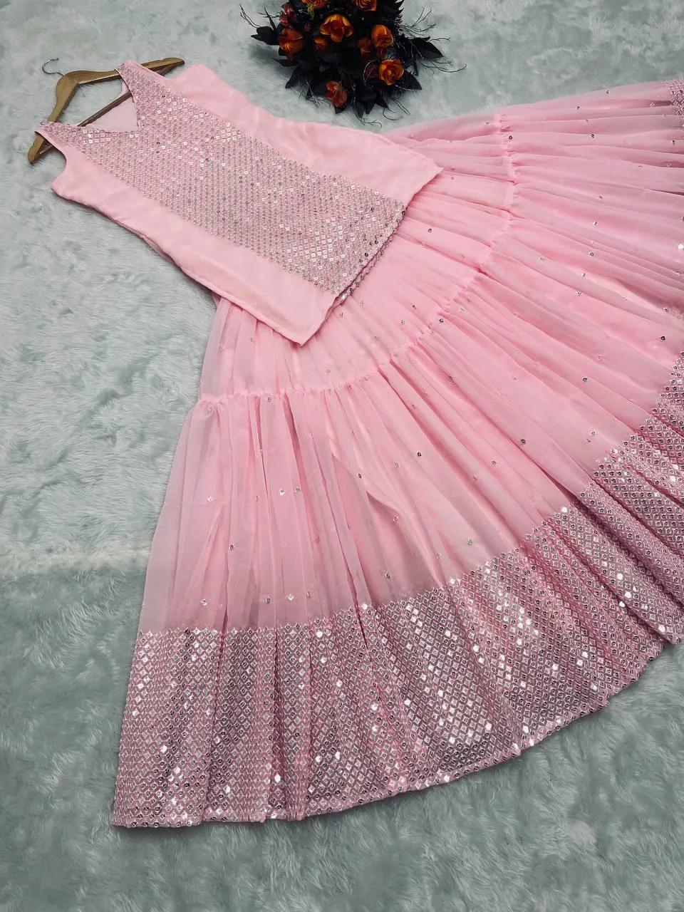 Party Wear Peach Color Sequence Work Lehenga with Top
