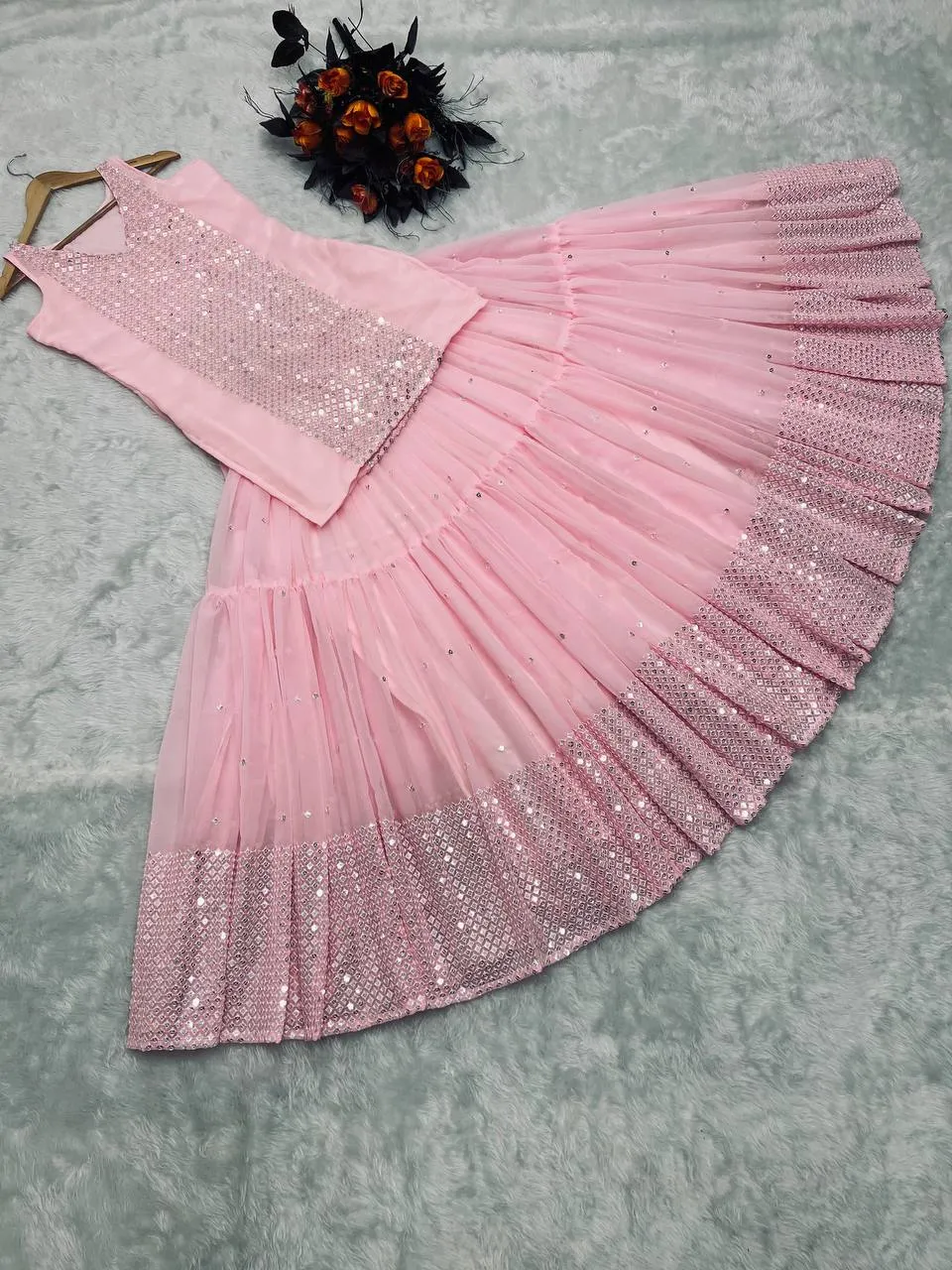 Party Wear Peach Color Sequence Work Lehenga with Top