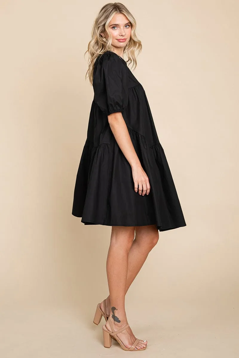Poplin Puff Sleeve Tiered Cotton Dress