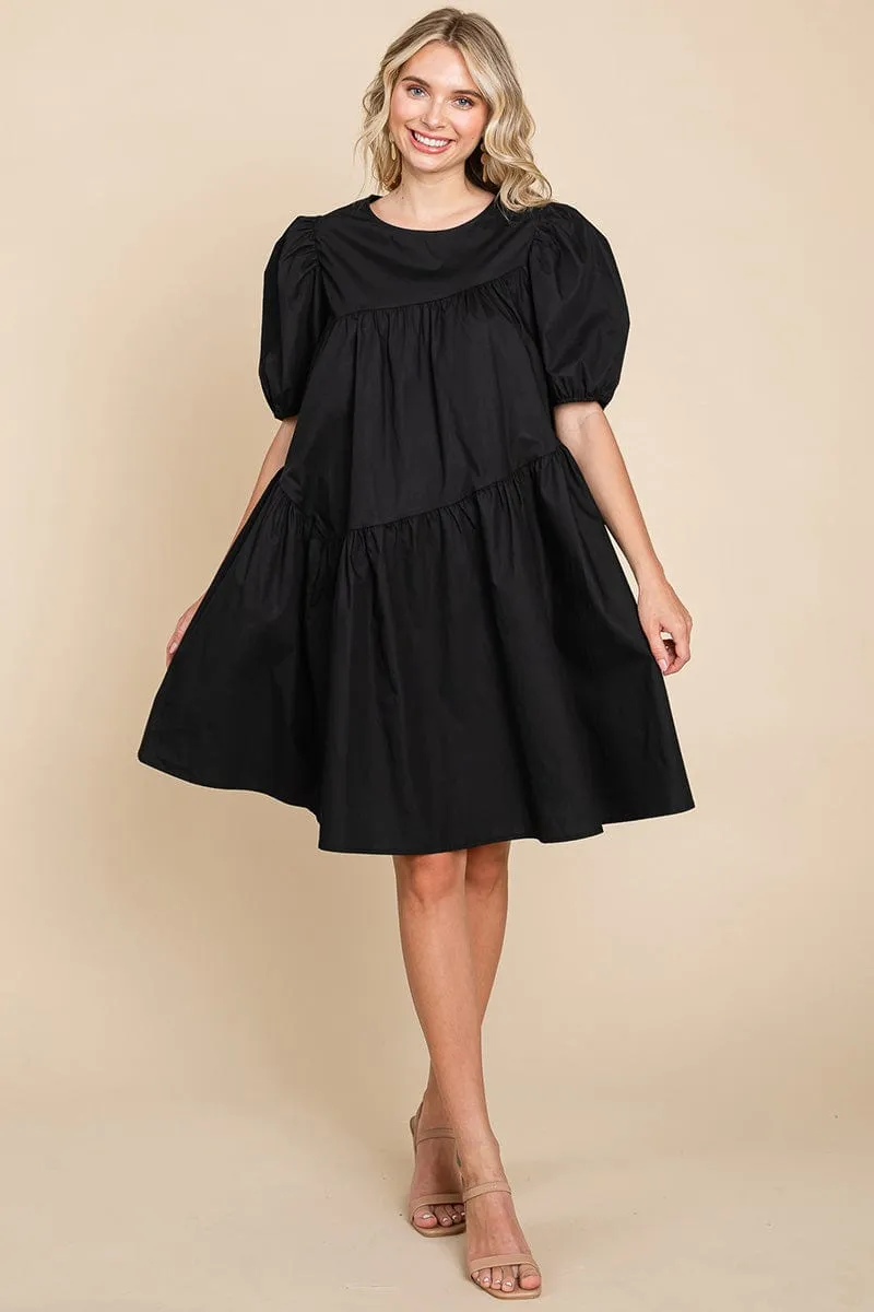 Poplin Puff Sleeve Tiered Cotton Dress
