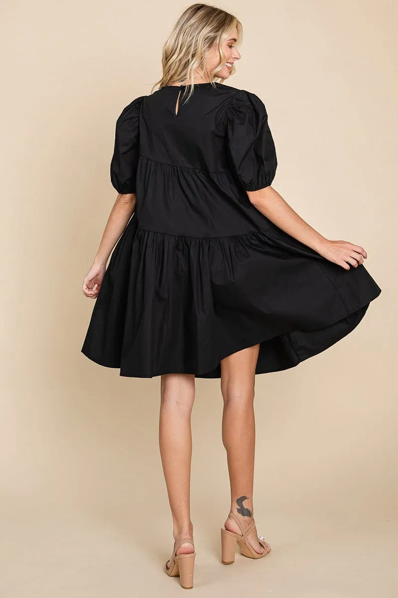 Poplin Puff Sleeve Tiered Cotton Dress