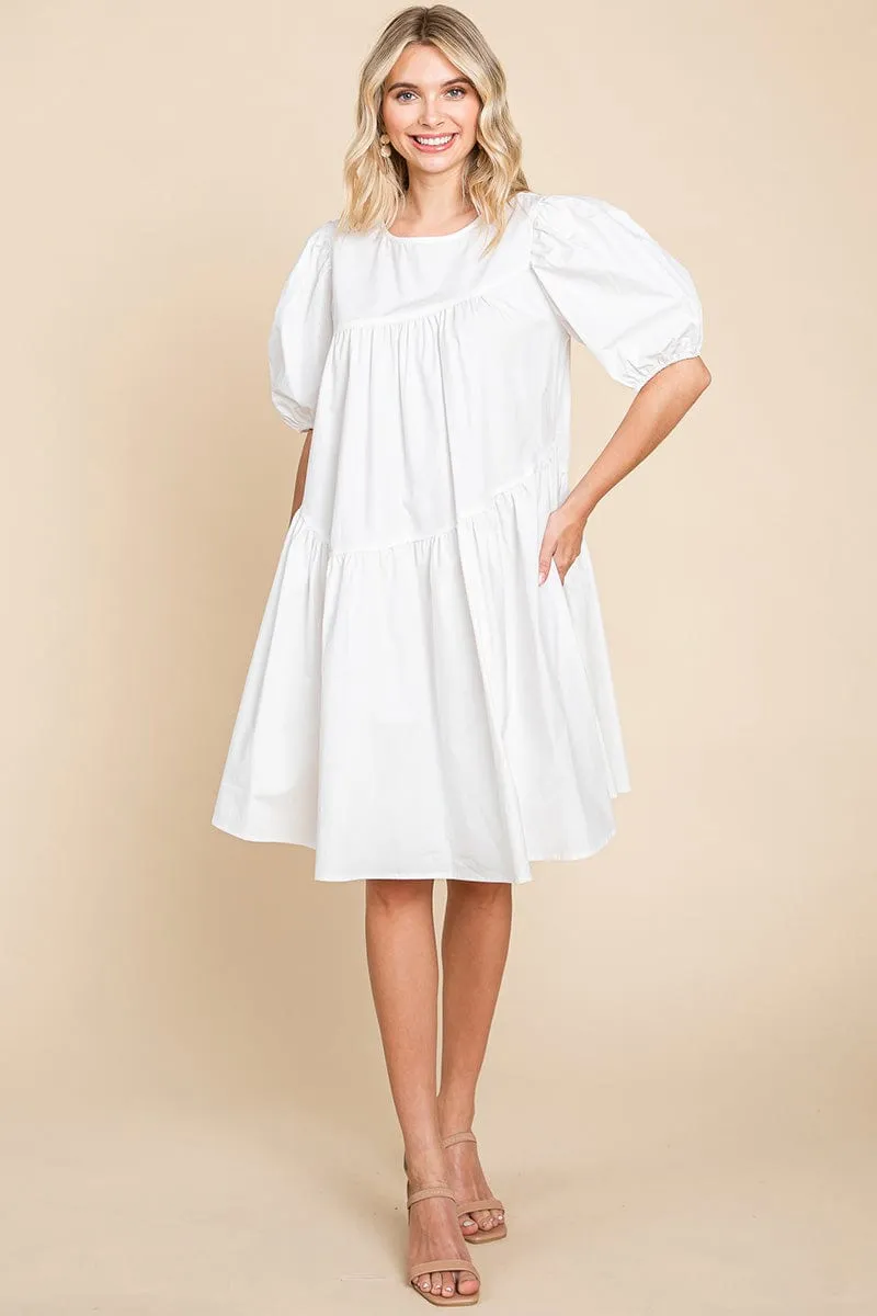 Poplin Puff Sleeve Tiered Cotton Dress