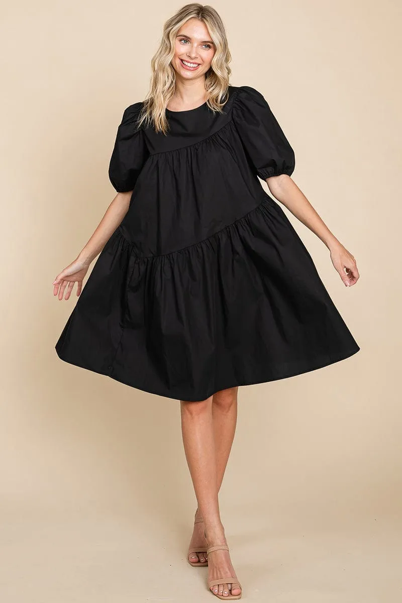 Poplin Puff Sleeve Tiered Cotton Dress