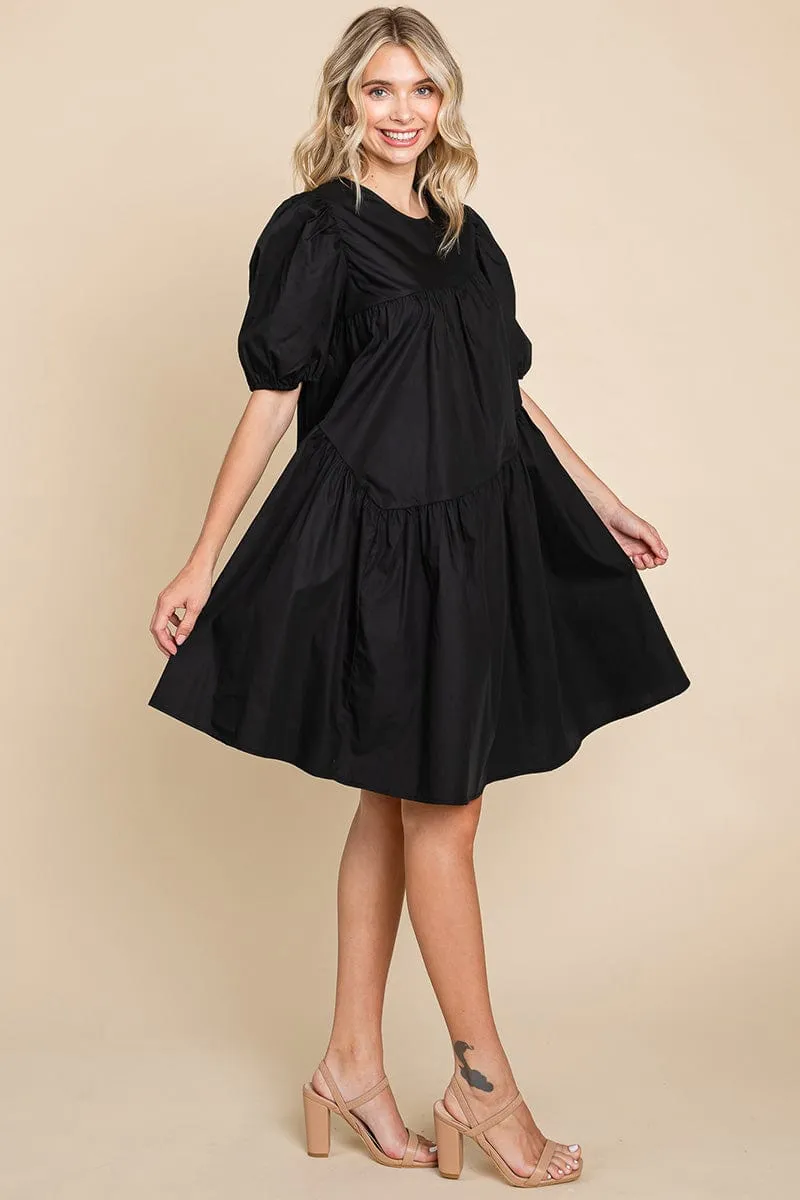 Poplin Puff Sleeve Tiered Cotton Dress