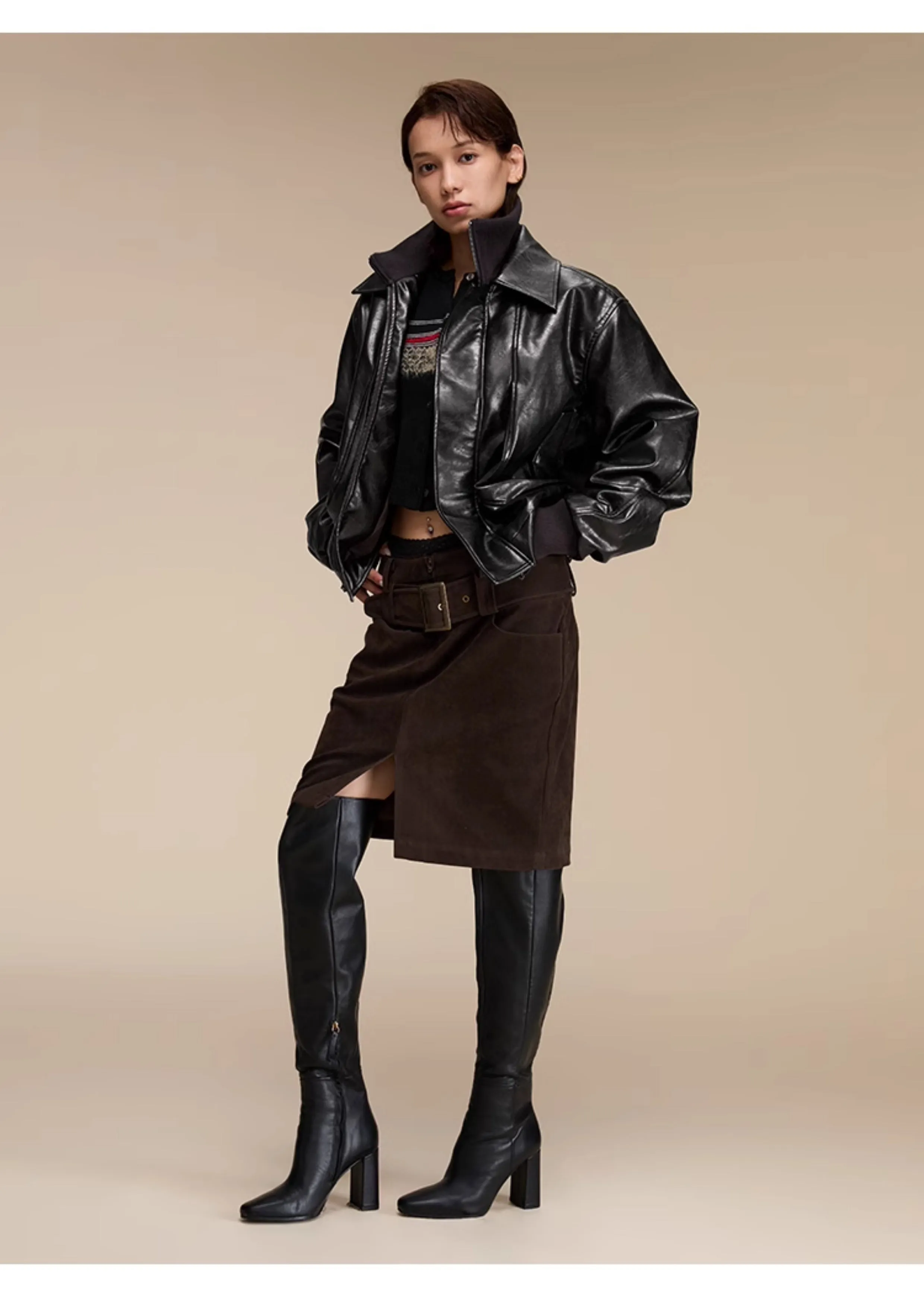 Quilted loose leather casual jacket