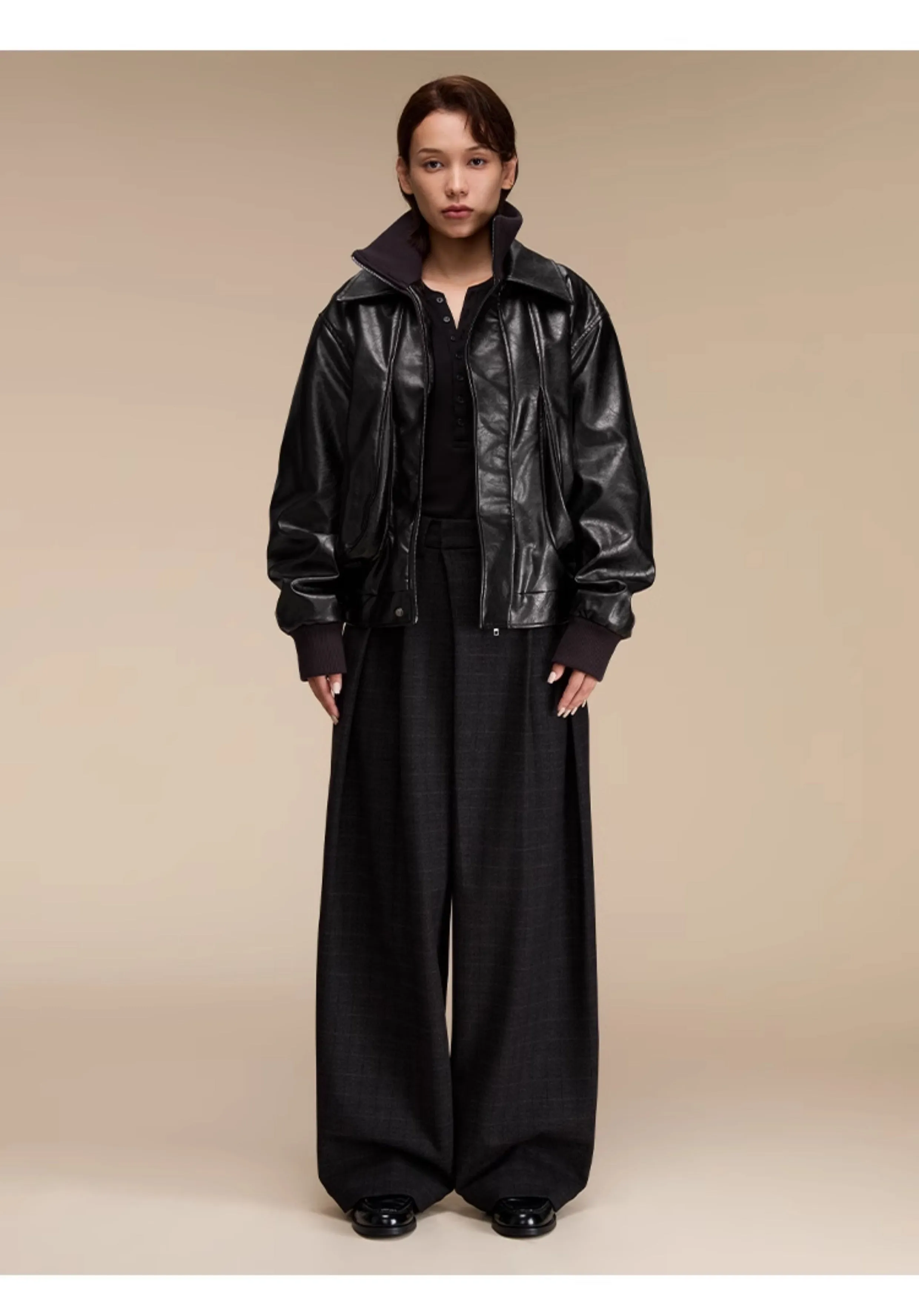 Quilted loose leather casual jacket