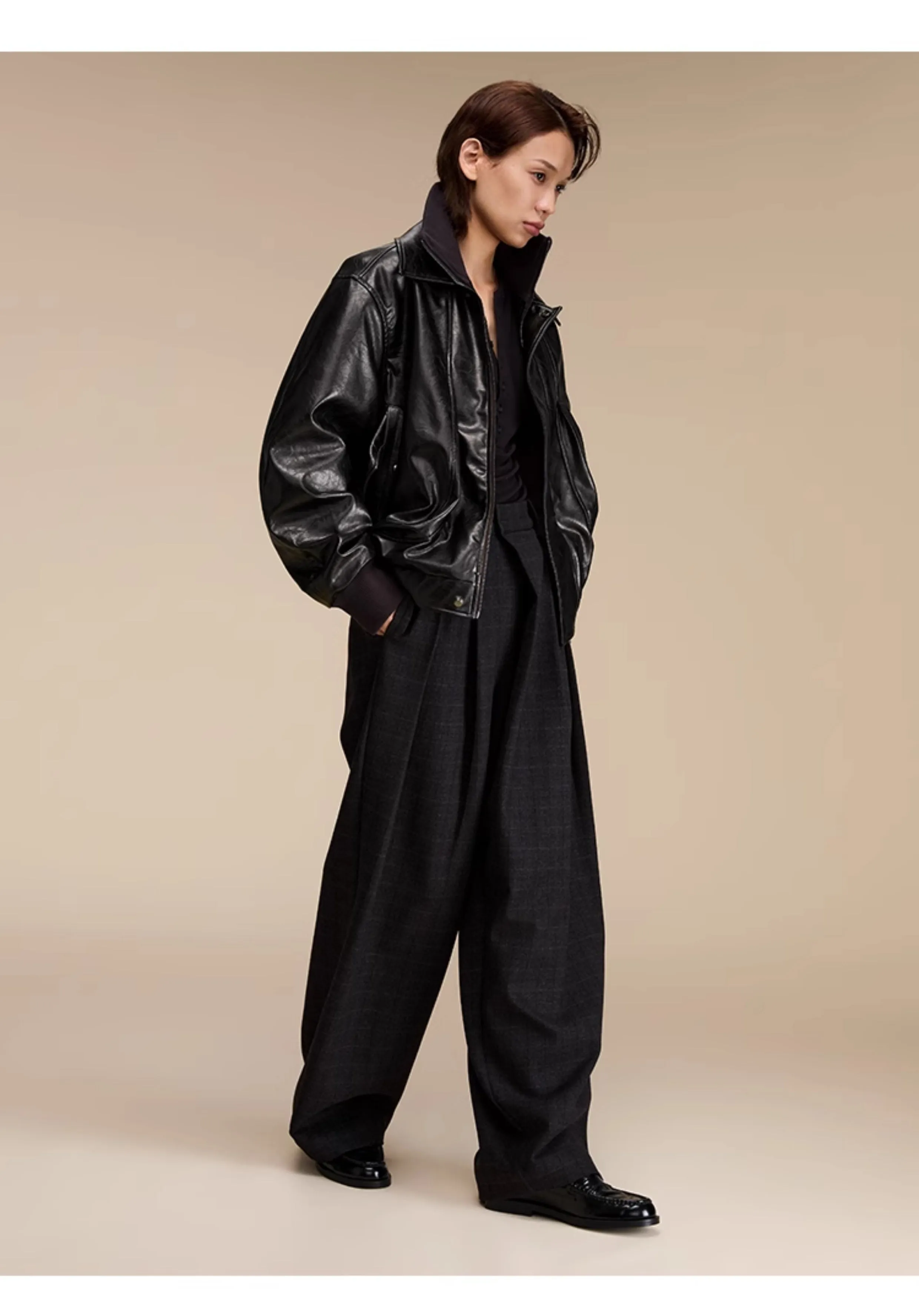 Quilted loose leather casual jacket