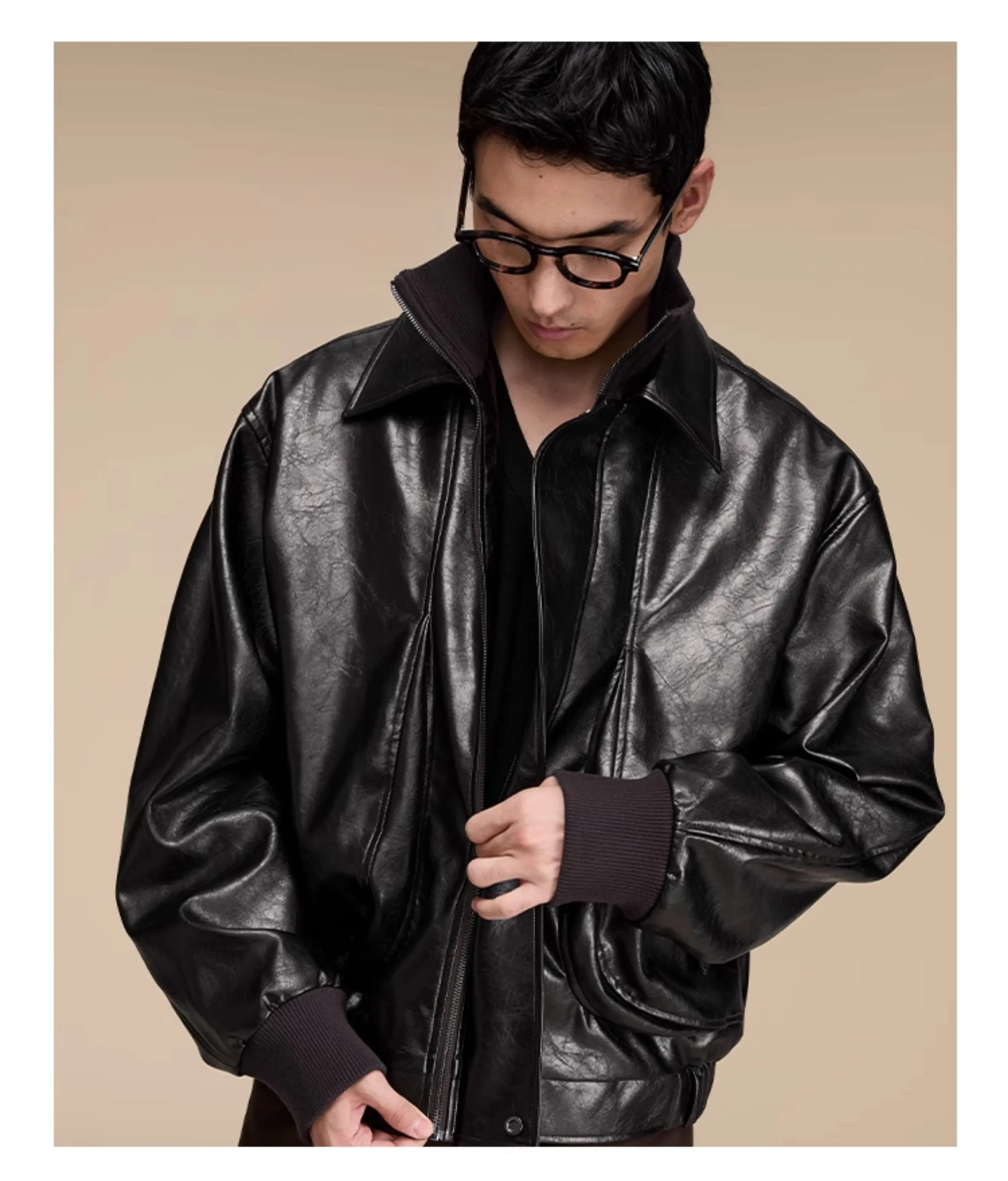 Quilted loose leather casual jacket