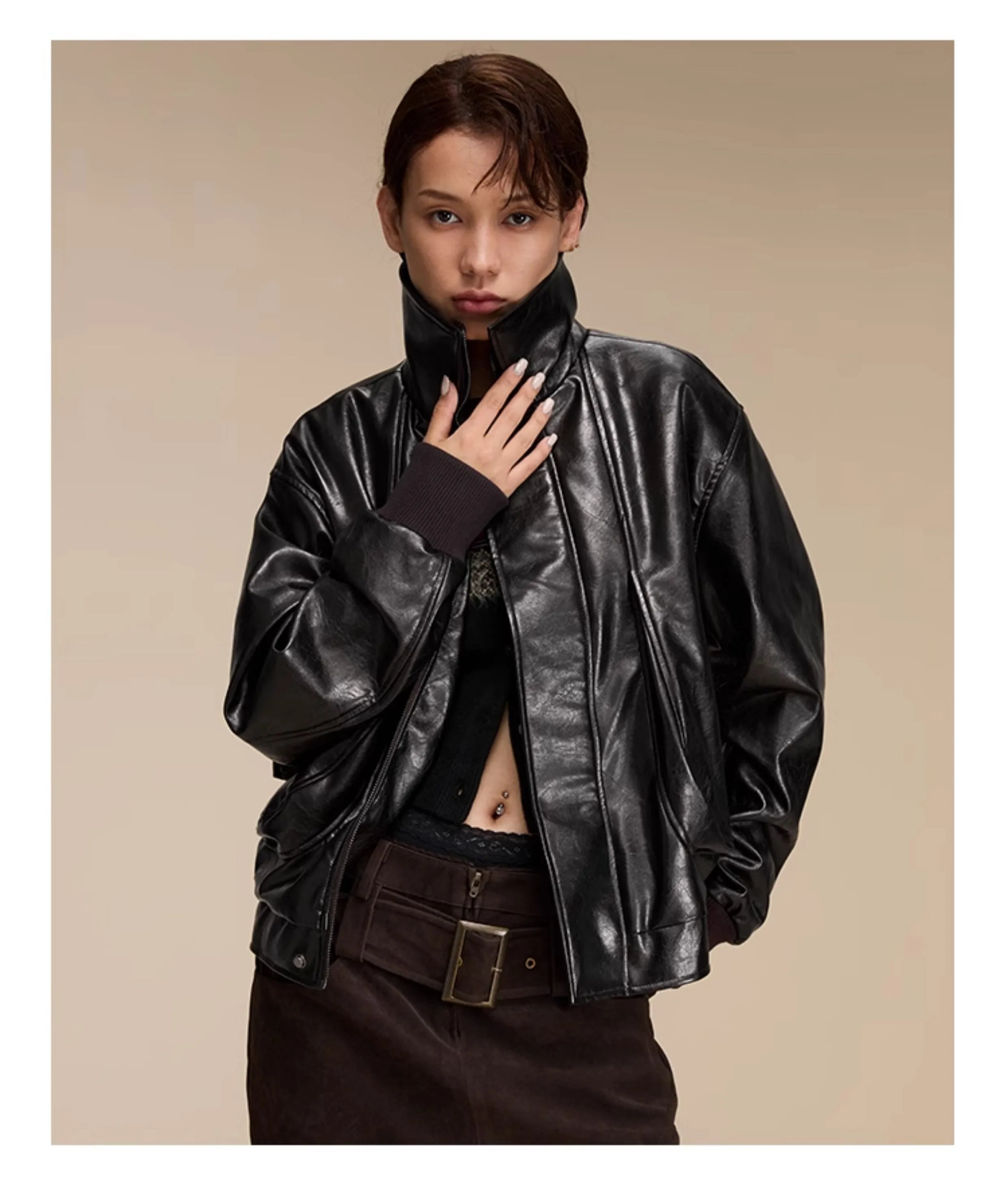 Quilted loose leather casual jacket
