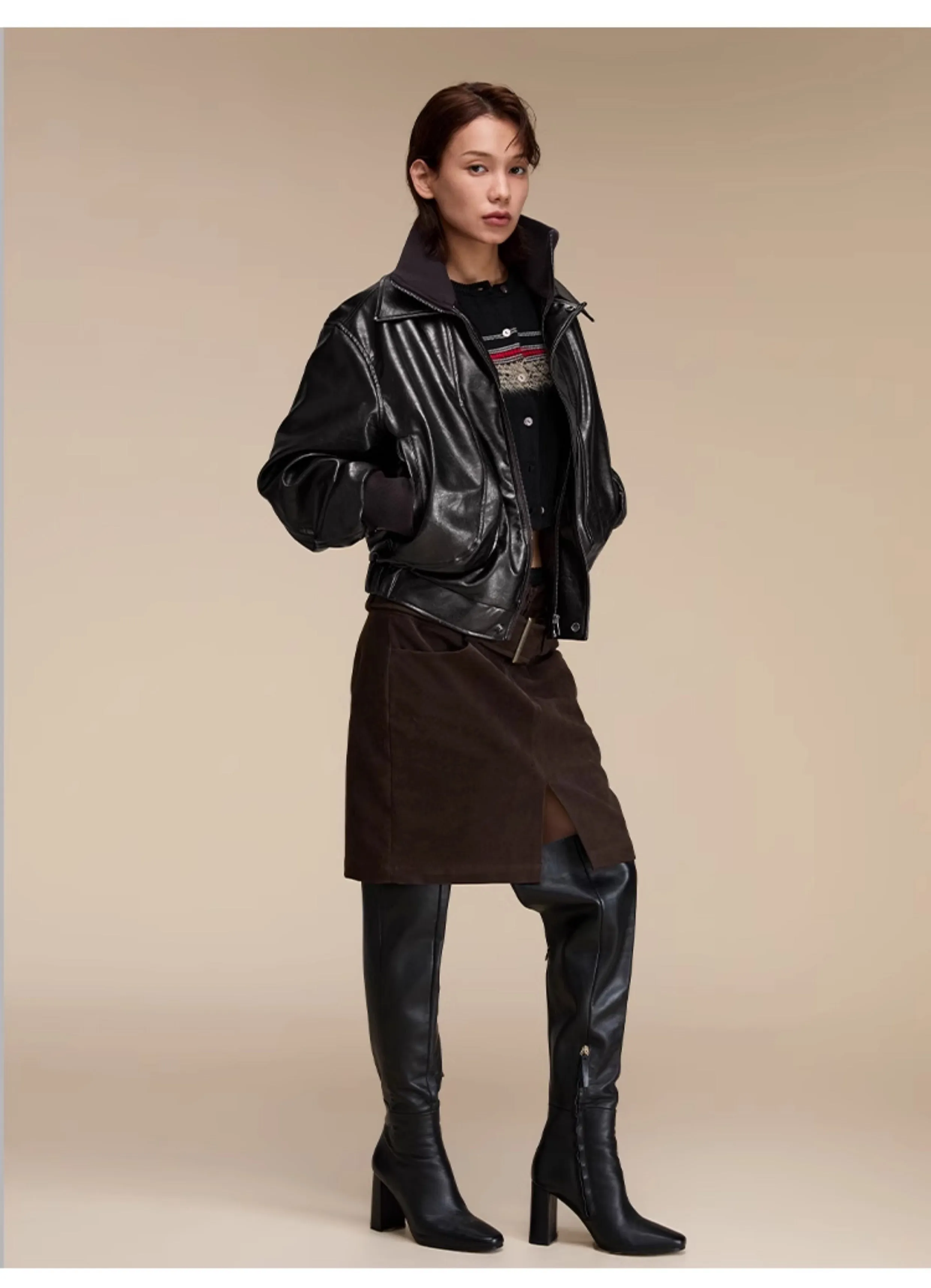 Quilted loose leather casual jacket