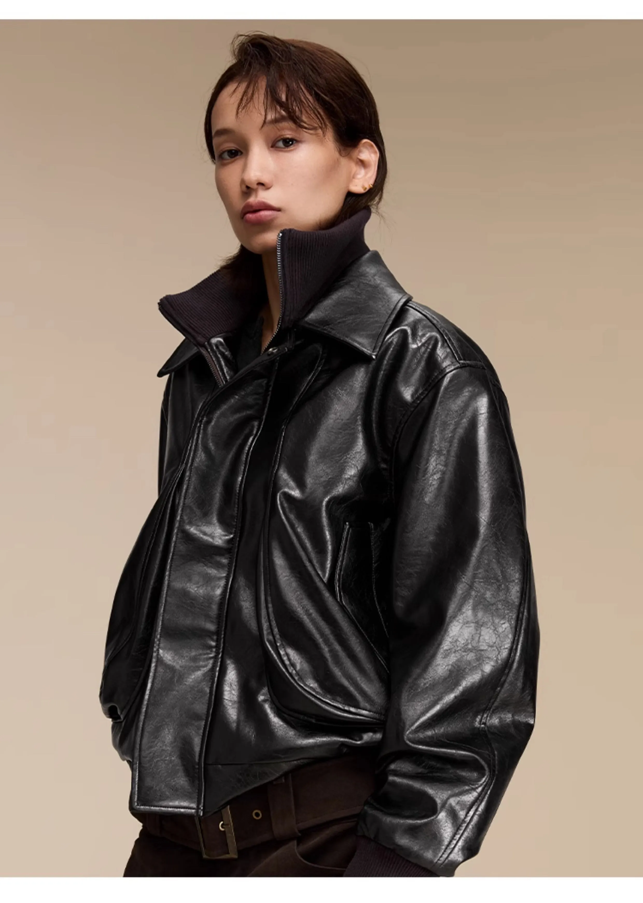 Quilted loose leather casual jacket