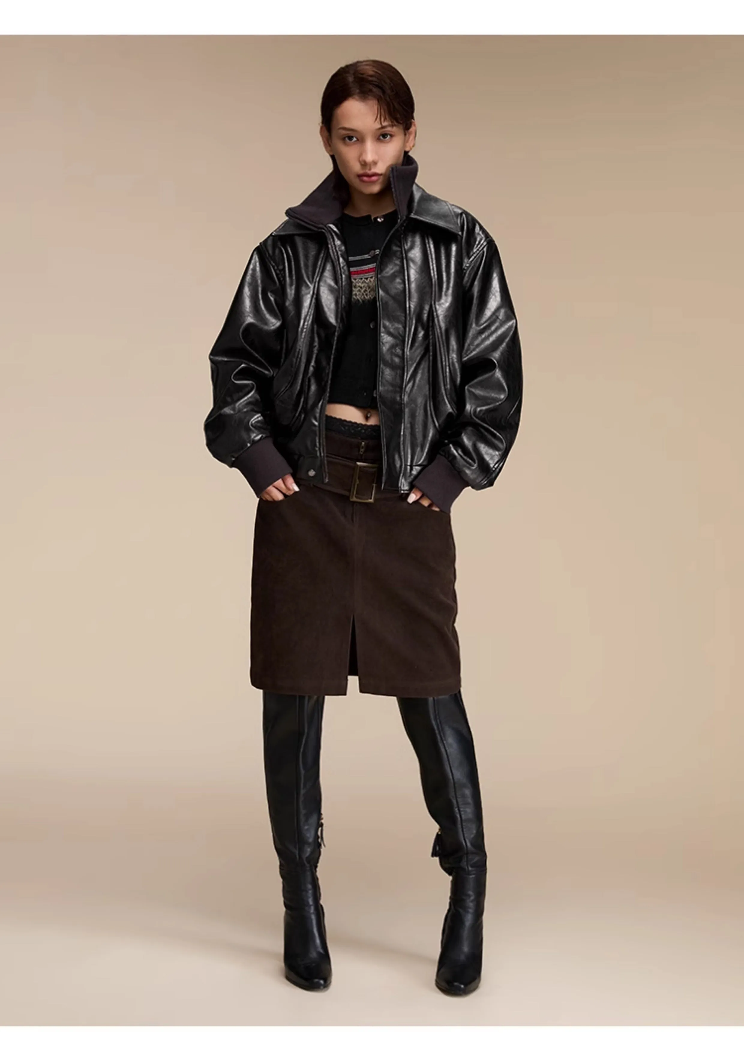 Quilted loose leather casual jacket