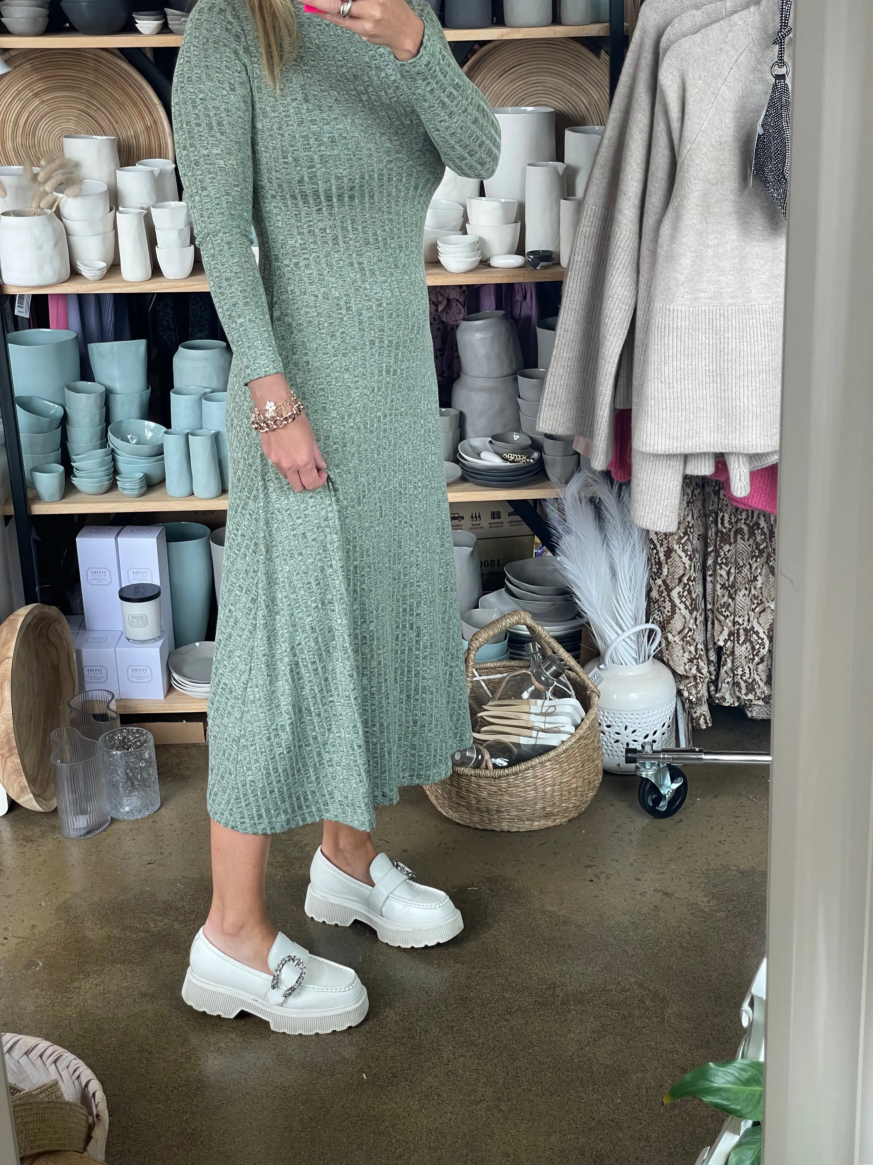 Ribbed Knit Long Sleeve Midi Dress Agave Green