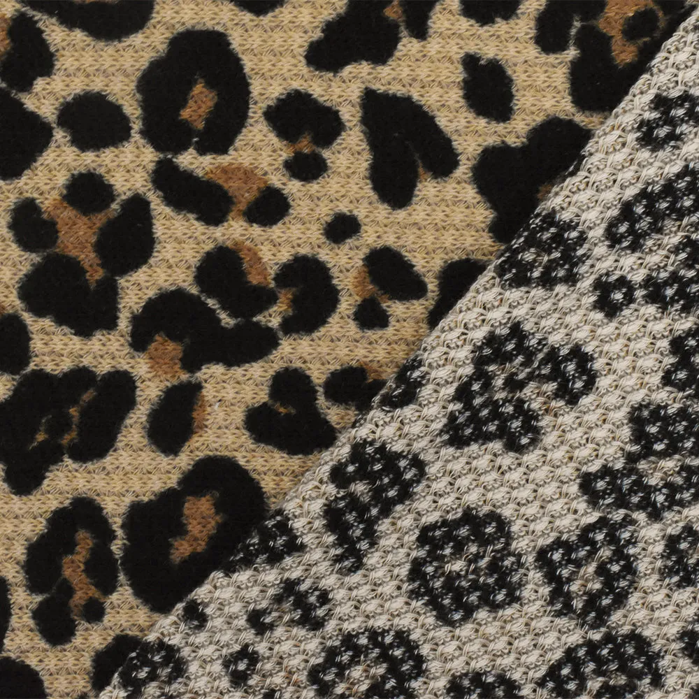 Sand Beige-Black-Brown Cheetah Printed Stretch Poly Sweater Knit Fabric