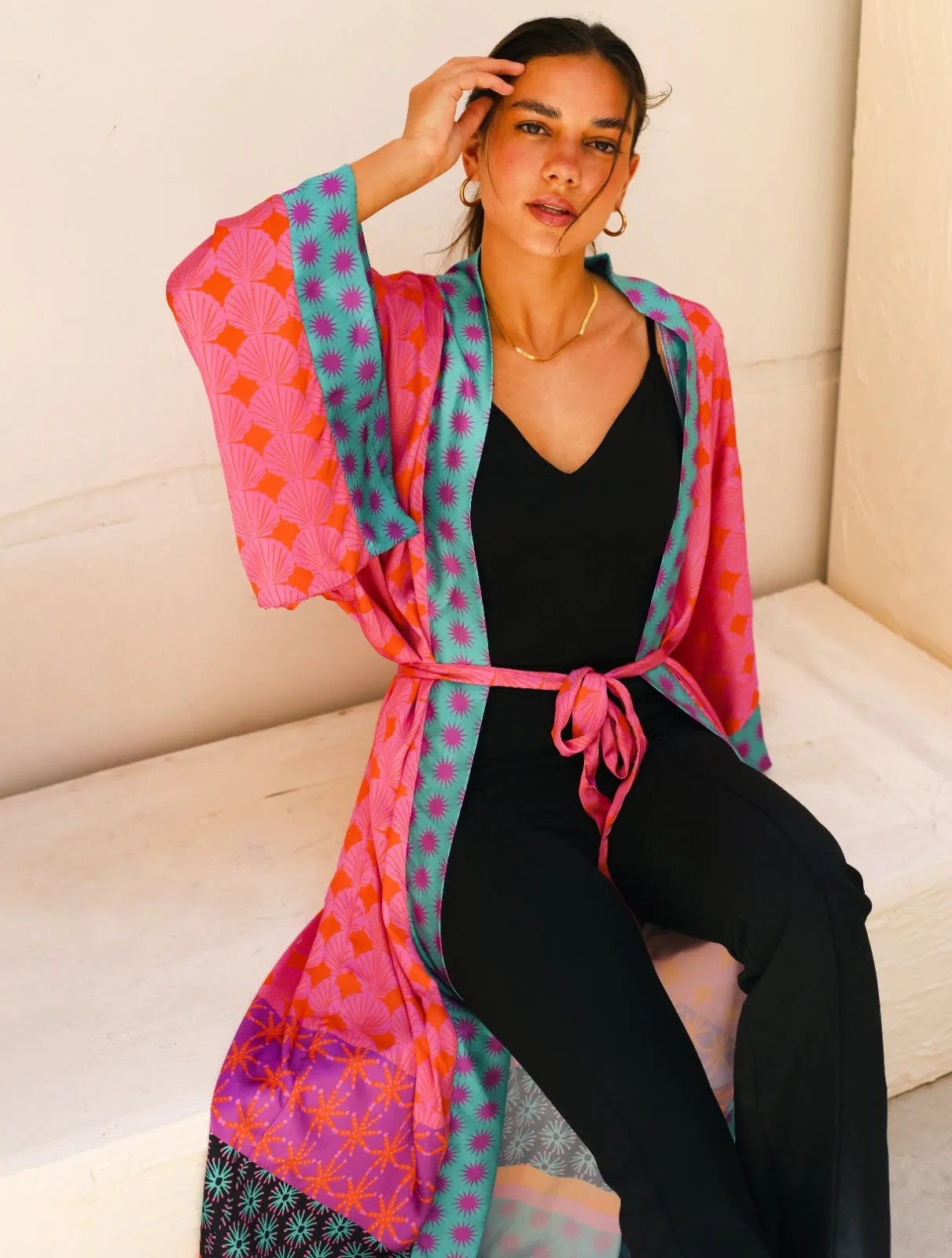 Seashells And The Purple Sun Satin Kimono