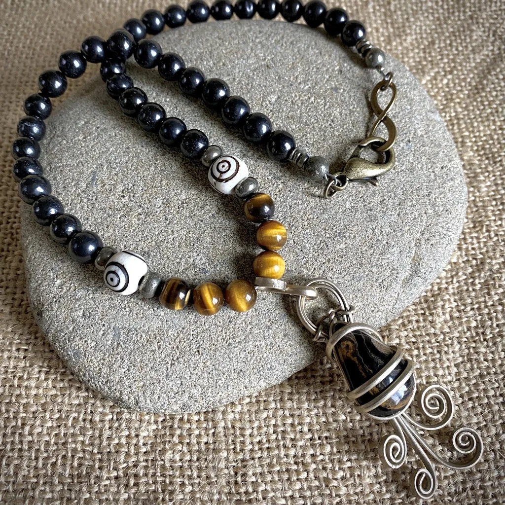 Shungite Necklace w/Stromatolite Pendant, Tiger's Eye, & Pyrite Beads