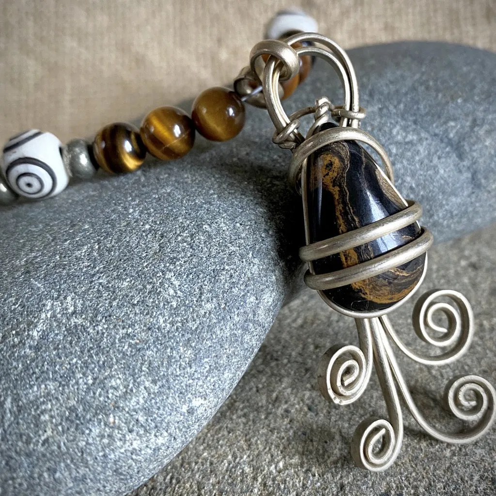 Shungite Necklace w/Stromatolite Pendant, Tiger's Eye, & Pyrite Beads