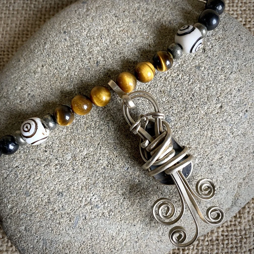 Shungite Necklace w/Stromatolite Pendant, Tiger's Eye, & Pyrite Beads