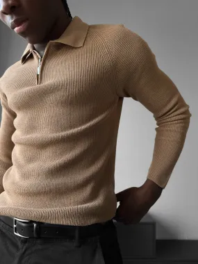 Slim Fit Knit Zipper Polo Sweater - Brown