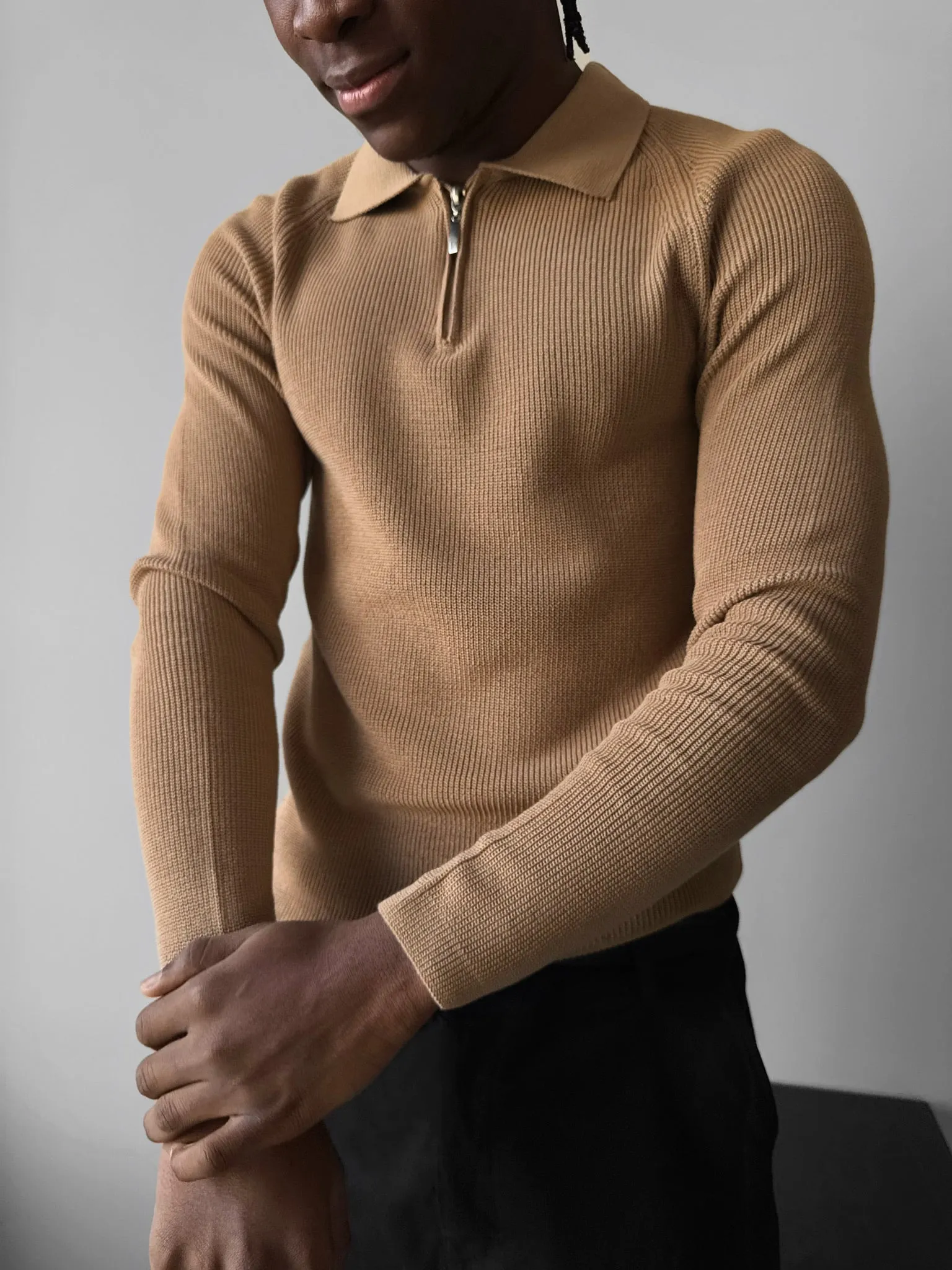 Slim Fit Knit Zipper Polo Sweater - Brown