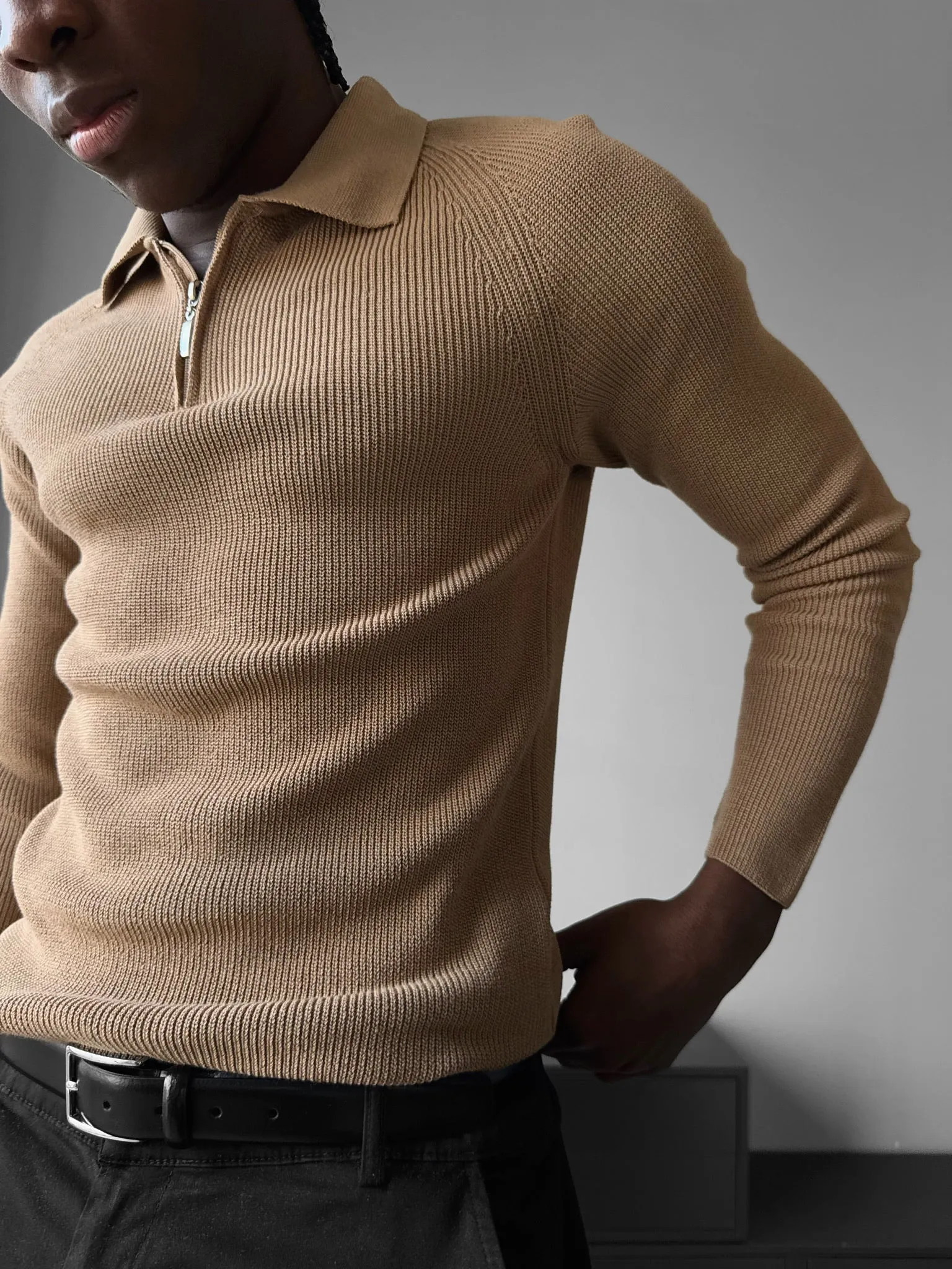 Slim Fit Knit Zipper Polo Sweater - Brown