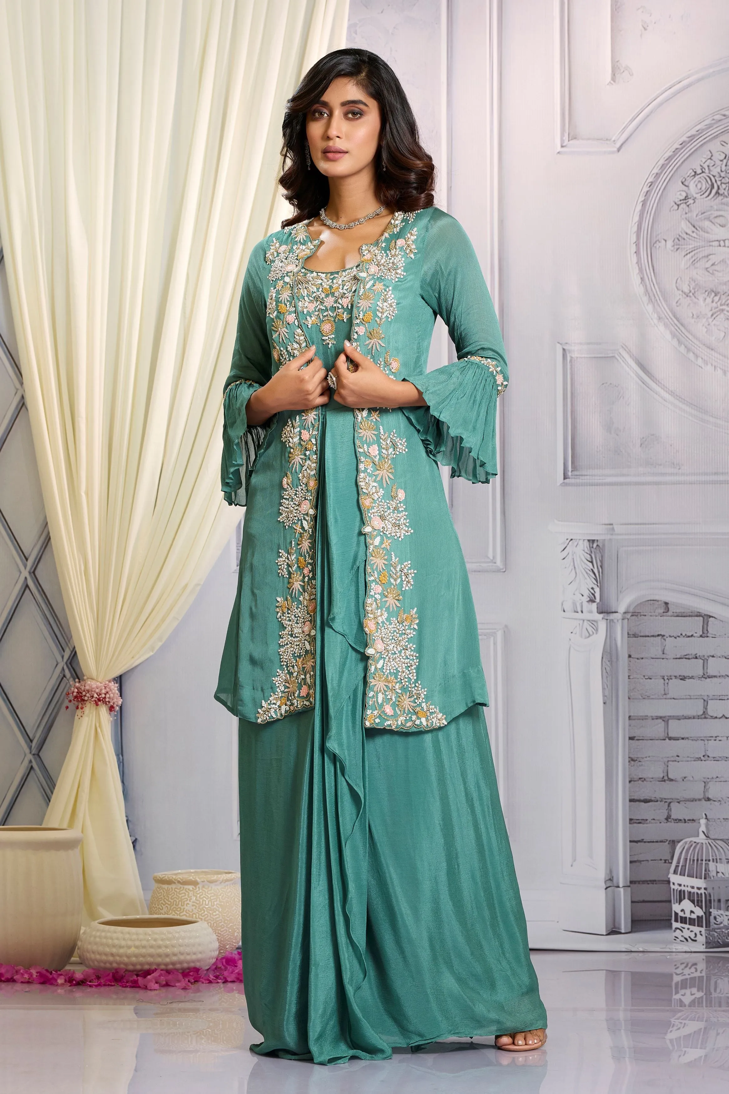Teal Green Embellished Chinon Silk Cape Gown