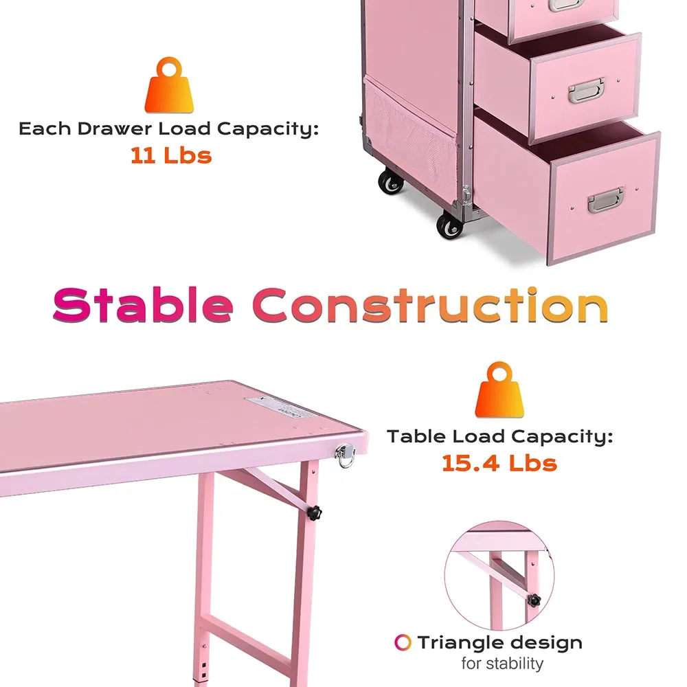 TheLAShop Rolling Makeup Station with Slide Drawers Detachable Pink