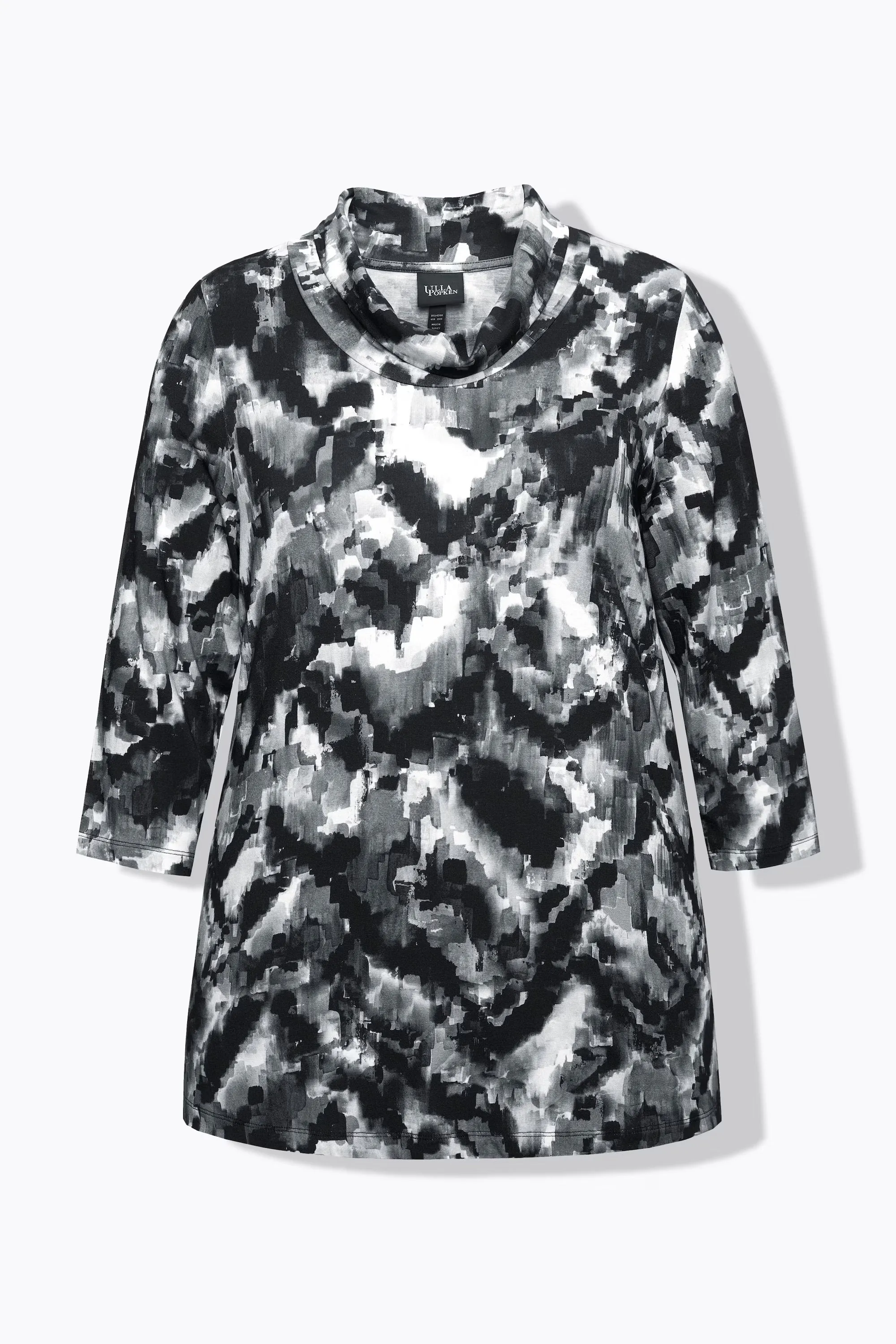 Ulla Popken Cowl Neck Top in Black Pixel Print