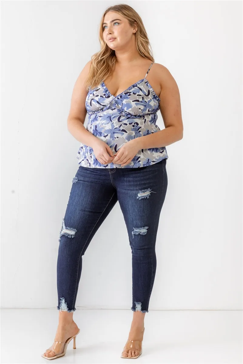 Voluptuous ( ) Plus Floral Print Woven Ruffle Sleeveless Back Zipper Tank Top - 3 colors - Ships from The US