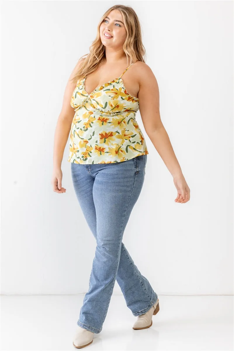 Voluptuous ( ) Plus Floral Print Woven Ruffle Sleeveless Back Zipper Tank Top - 3 colors - Ships from The US