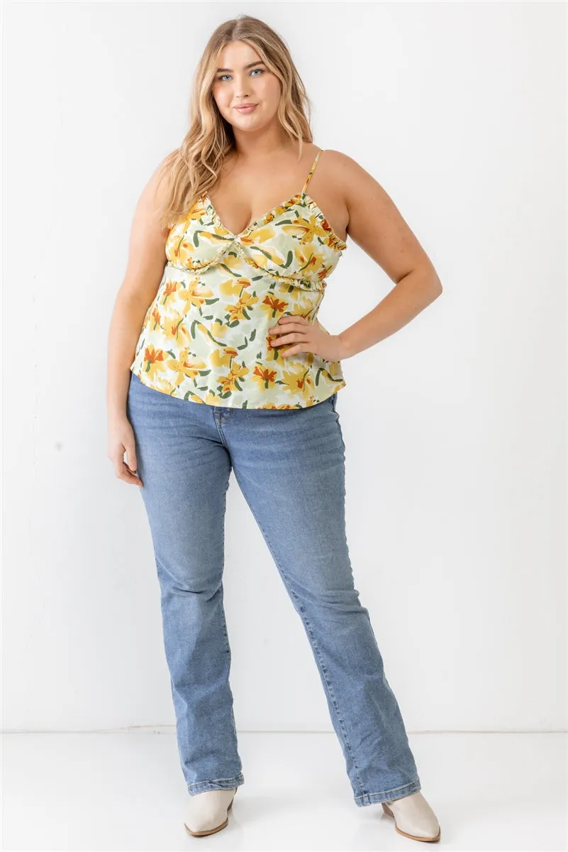 Voluptuous ( ) Plus Floral Print Woven Ruffle Sleeveless Back Zipper Tank Top - 3 colors - Ships from The US