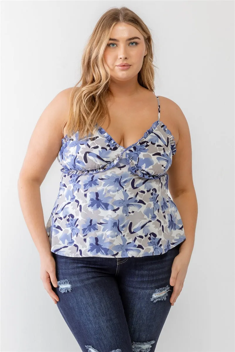 Voluptuous ( ) Plus Floral Print Woven Ruffle Sleeveless Back Zipper Tank Top - 3 colors - Ships from The US