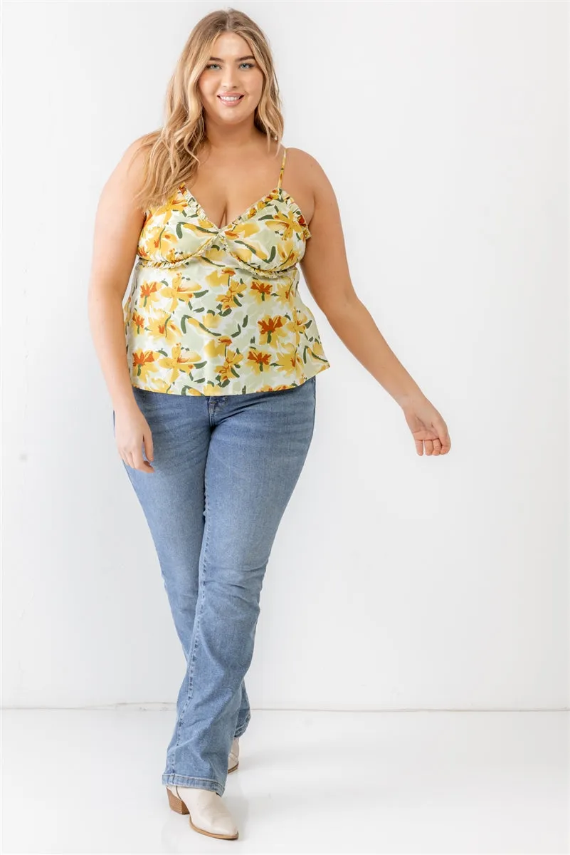 Voluptuous ( ) Plus Floral Print Woven Ruffle Sleeveless Back Zipper Tank Top - 3 colors - Ships from The US
