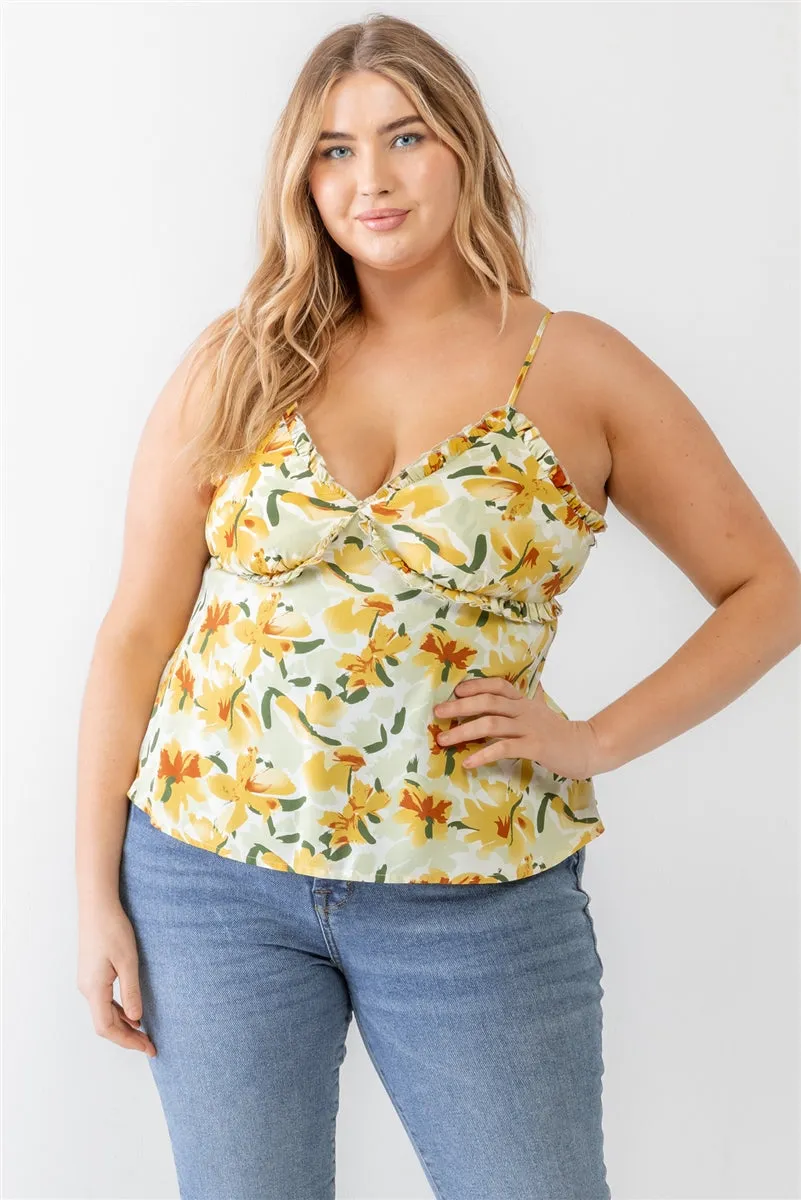 Voluptuous ( ) Plus Floral Print Woven Ruffle Sleeveless Back Zipper Tank Top - 3 colors - Ships from The US