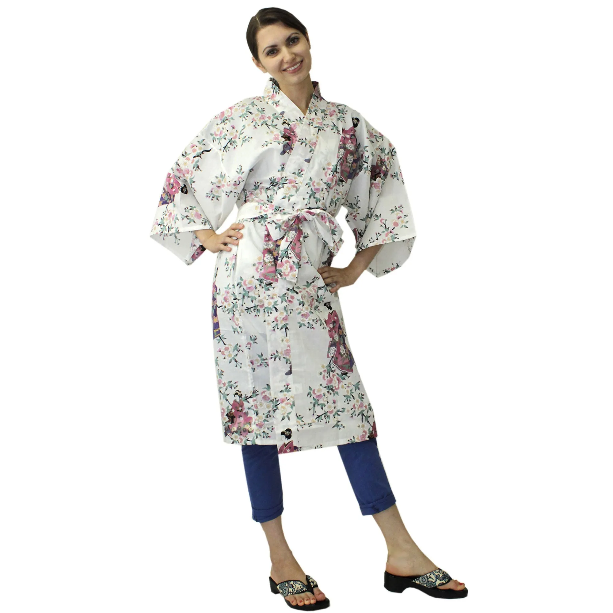 Women's Happi Coat: Kimono Robe - Lovely "Maiko" White