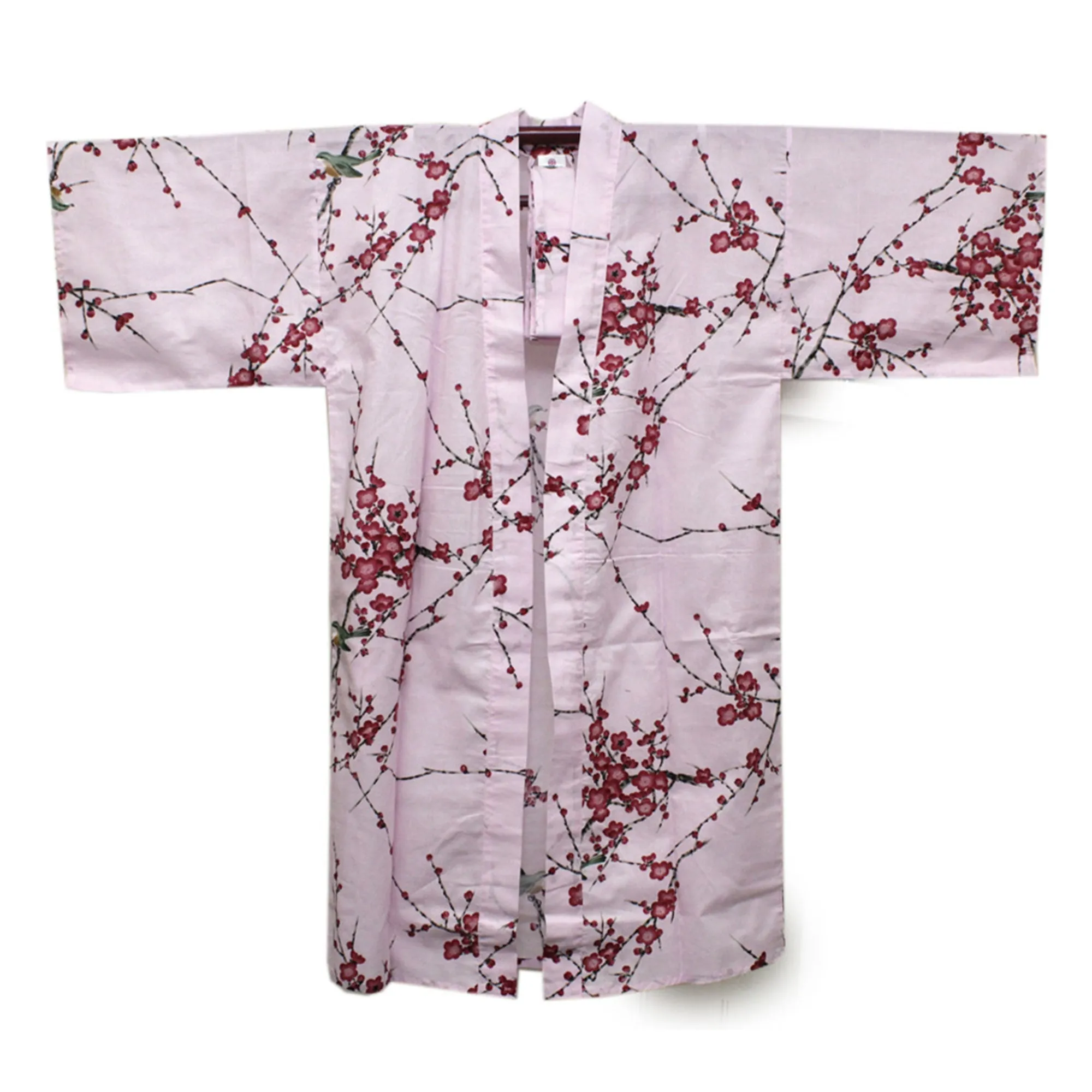 Women's Happi Coat: Kimono Robe - Plum & Bush Warbler Pink