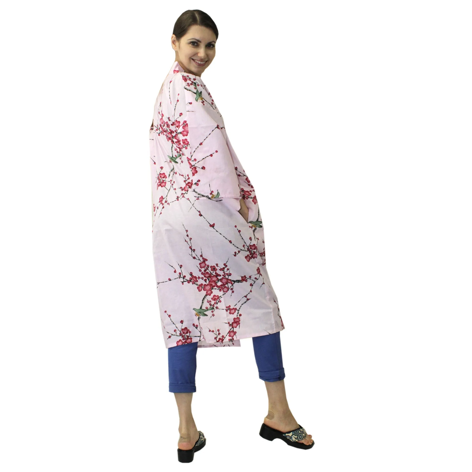 Women's Happi Coat: Kimono Robe - Plum & Bush Warbler Pink